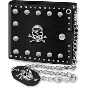 Men's Punk Rock Wallet Black Leather Bifold with Chain
